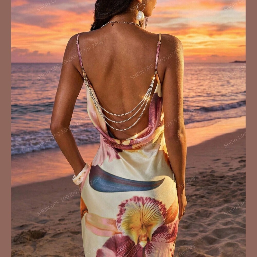 Cream Floral Print Satin Cowl Neck Maxi Dress - Picture 6 of 7